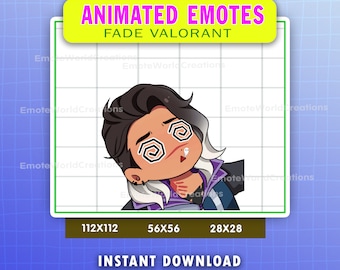 Op de afbeelding: Geanimeerde emote van Fade uit Valorant, een videogame. Het personage is een jonge man met donker haar en een paarse jas. Hij heeft een verraste uitdrukking met zijn ogen wijd open en een klein spook dat in de buurt van zijn mond zweeft. De afbeelding is verdeeld in drie vierkanten met de afmetingen 112x112, 56x56 en 28x28. De tekst "INSTANT DOWNLOAD" staat onder de vierkanten.
