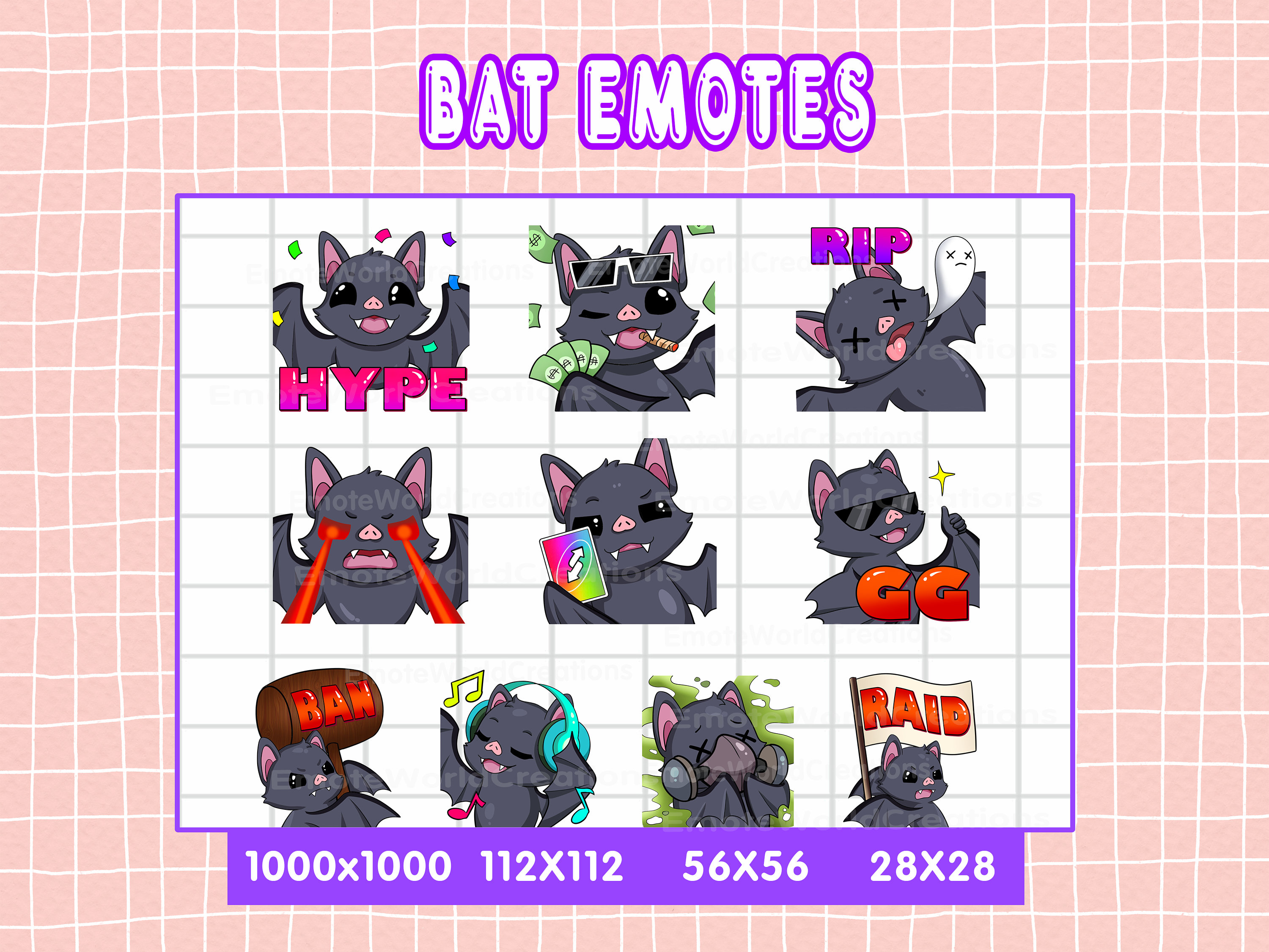 Black Bat Emotes for Twitch or Discord Streamers, 10 Black Bat Emoji