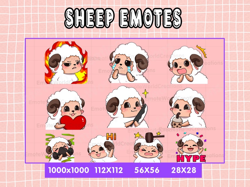 Cute Black Nose Sheep Emotes for Twitch or Discord Streamers, 10 Sheep Emoji Pack, Sheep Emote