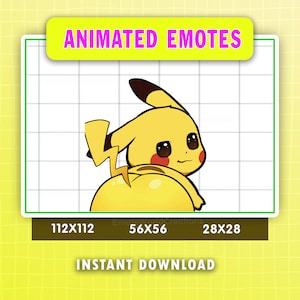 Peut inclure: Émoticône animé d'un Pikachu jaune avec des joues rouges, regardant vers la droite, avec un éclair sur le dos. L'image est sur un fond de grille avec le texte "Animated Emotes" en haut et "Instant Download" en bas.