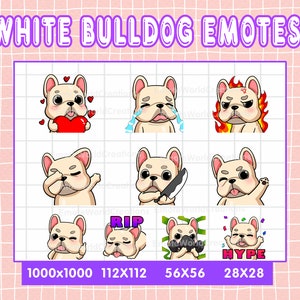 Urocze białe emotikony buldoga dla streamerów Twitch lub Discord, pakiet emotikonów psów, pakiet emotikonów Twitch 10, pakiet emotikonów buldoga chibi