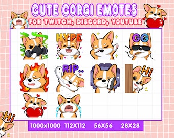 Cute Corgi Dog Emotes For Twitch Or Discord Streamers, Dog Emoji Bundle, Twitch Emotes Pack 10, Chibi Corgi Emotes Pack