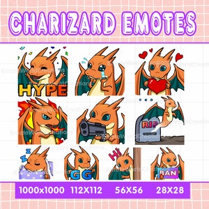 Könnte beinhalten: Ein Satz von acht Charizard-Emojis mit verschiedenen Ausdrücken und Text. Die Emojis sind in einem Rasterformat angeordnet, wobei der Text "HYPE", "GG", "RIP", "BAN", "Hi" und "Zzz" sichtbar ist. Die Emojis haben verschiedene Größen, wobei die größte 1000x1000 Pixel und die kleinste 28x28 Pixel groß ist.