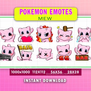 May include: A set of nine digital emoticons featuring the Pokemon Mew in various poses and expressions. The emoticons are in a grid format with a pink background. The emoticons include Mew holding a heart, Mew with a gun, Mew with a hammer, Mew crying, Mew with a flag that says "RAID", Mew with an X over its eyes, Mew with a thumbs up, and Mew with a sign that says "BAN".