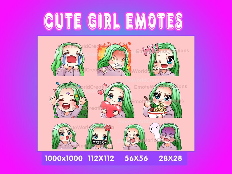 Green Hair Girl Emotes for Twitch or Discord Streamers, Chibi Girl