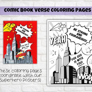 Superhero Comic Book Bible Verse Coloring Set of 6, Kids Scripture, Sunday School, Home, or Classroom Activity, Joshua 1:9 image 5
