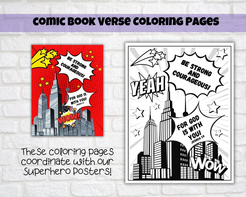 Superhero Comic Book Bible Verse Coloring Set of 6, Kids Scripture, Sunday School, Home, or Classroom Activity, Joshua 1:9 image 5