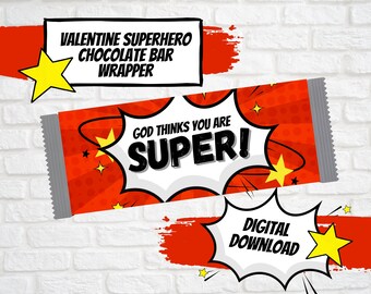 Kinder druckbare SUPERHERO Bibel Vers Valentine Schokoriegel Wrapper, Sonntagsschulgeschenk, Klassenzimmerbevorzugung, Valentinsgeschenk für Kinder