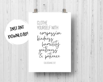 Vístase, Colosenses 3:12, arte de pared imprimible para niños, decoración adolescente, habitación de niñas, arte de afirmación, decoración de aula, decoración de dormitorio