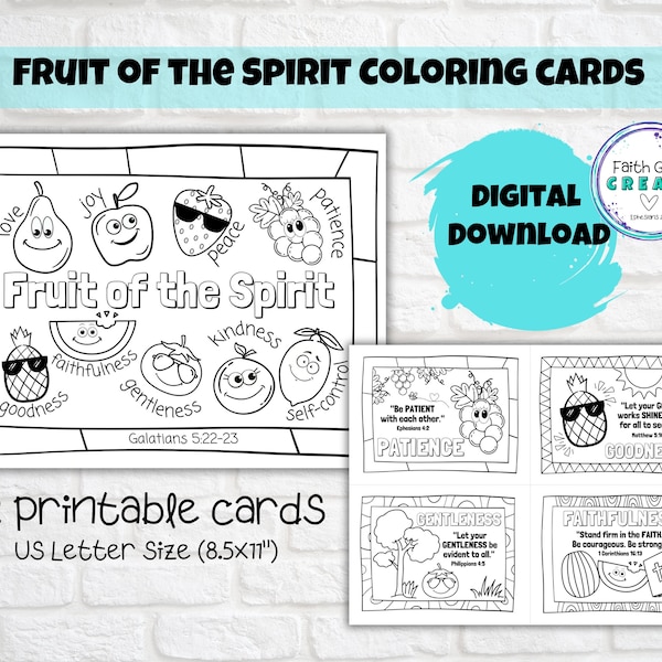 Fruit of the Spirit Printable Coloring Cards, Sunday School, Kids Church, Christian Classroom Bible Verse Activity, Galatians 5