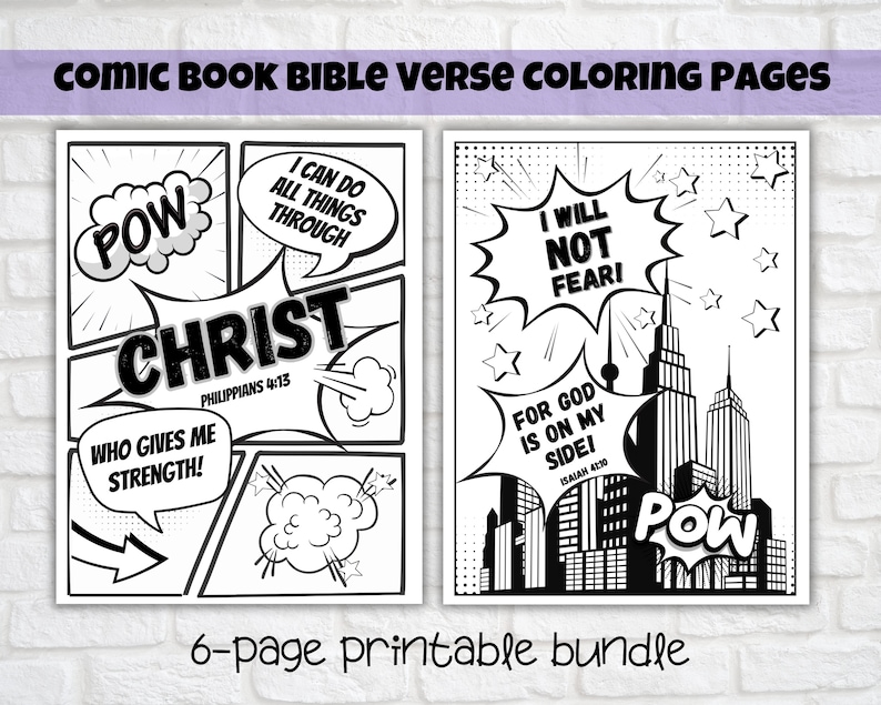 Superhero Comic Book Bible Verse Coloring Set of 6, Kids Scripture, Sunday School, Home, or Classroom Activity, Joshua 1:9 image 1