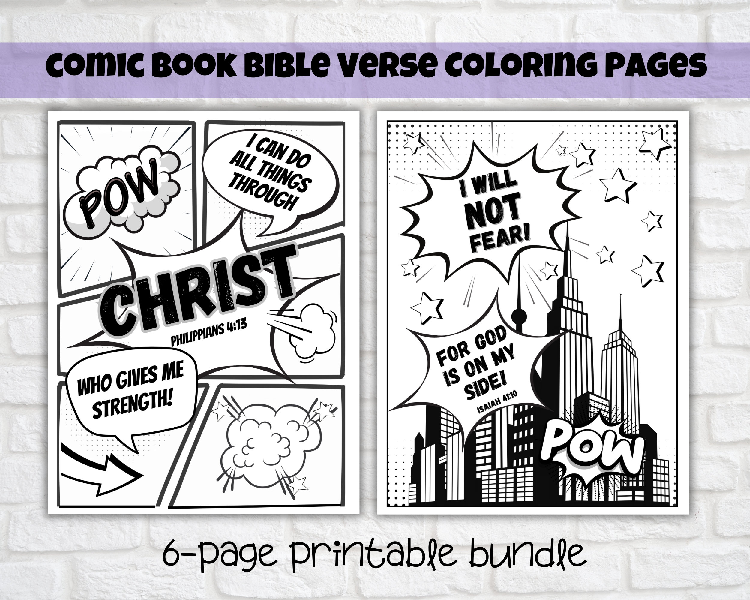 Superhero Comic Book Bible Verse Coloring  Set of 6, Kids Scripture, Sunday School, Home, or Classroom Activity, Joshua 1:9