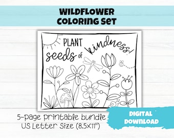 Wildflower Affirming Friendship Coloring Set de 5 para niños, Plantar semillas de bondad, Fomentar el crecimiento, Pensamiento positivo, Autoconfianza