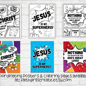 Superhero Comic Book Bible Verse Coloring Set of 6, Kids Scripture, Sunday School, Home, or Classroom Activity, Joshua 1:9 image 7