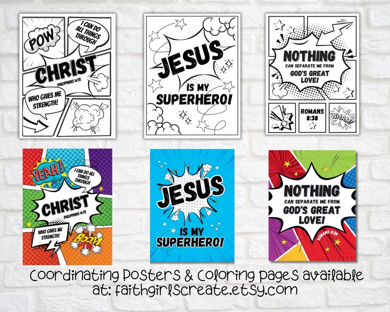 Superhero Comic Book Bible Verse Coloring Set of 6, Kids Scripture, Sunday School, Home, or Classroom Activity, Joshua 1:9 image 7