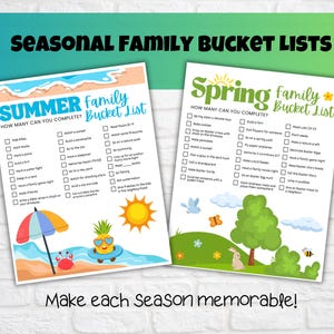 May include: Two colorful family bucket list printables for Summer and Spring. The Summer list features a beach scene with a crab, umbrella, and pineapple. The Spring list has a tree, bunny, and butterfly. Text reads "Seasonal Family Bucket Lists" and "Make each Season memorable!"