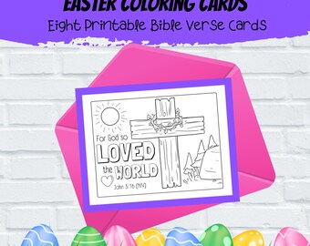Kids Easter Themed Bible Verse Colouring Card Set of 8, Printable Scripture Colouring, Sunday School, Homeschool, Kids Church Activity