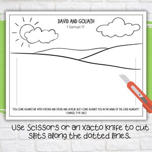 May include: A black and white printable colouring page with a scene from the Bible story of David and Goliath. The page includes a sun, clouds, hills, and the text "David and Goliath 1 Samuel 17" and "You come against me with sword and spear and javelin, but I come against you in the name of the Lord Almighty. 1 Samuel 17:45 (NLT)".
