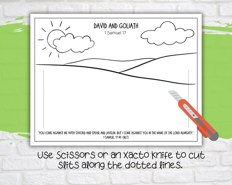 May include: A black and white printable colouring page with a scene from the Bible story of David and Goliath. The page includes a sun, clouds, hills, and the text "David and Goliath 1 Samuel 17" and "You come against me with sword and spear and javelin, but I come against you in the name of the Lord Almighty. 1 Samuel 17:45 (NLT)".