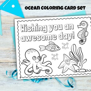 Ocean Coloring Card Set de 8 para niños, Afirmación, Fomentar el crecimiento, Pensamiento positivo, Autoconfianza, para el hogar o el aula