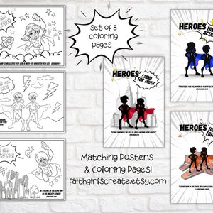 Op de afbeelding: Set van 8 zwart-witte kleurplaten met superheldenfiguren met inspirerende citaten en bijbelteksten. De pagina's zijn ontworpen voor kinderen en hebben thema's als moed, geloof, kracht en waarheid.