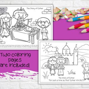 May include: Two black and white coloring pages featuring the story of Esther from the Bible. The first page depicts Esther, King Xerxes, and Haman at a banquet. The second page shows Esther and her husband, King Xerxes, standing in front of a castle. The text on the second page reads "The Story of Esther" and "For such a time as this! Esther 4:14 (NLT)".