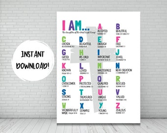 ABC bevestigingen identiteit in Christus kunst aan de muur voor meisjes, Bijbelvers zondagsschool poster, 26 waarheden over wie God zegt dat ik ben