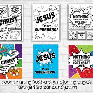 Op de afbeelding: Een set printbare kleurplaten en posters met een superhelden-thema. De afbeeldingen bevatten kleurrijke spraakballonnen in comic-stijl met christelijke boodschappen en bijbelteksten. De tekst omvat "Jezus is mijn superheld", "Niets kan me scheiden van Gods grote liefde", en "Christus die me kracht geeft".