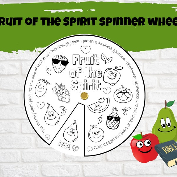 Kids Printable Fruit of the Spirit Spinner Color Wheel, Sunday School Activity, Kids Church Craft, Bible Verse Coloring Wheel