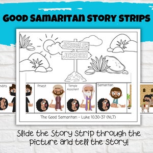 Tiras imprimibles para niños sobre la historia del Buen Samaritano, actividad para la escuela dominical, manualidad para la iglesia, versículo bíblico, historia bíblica del Buen Samaritano