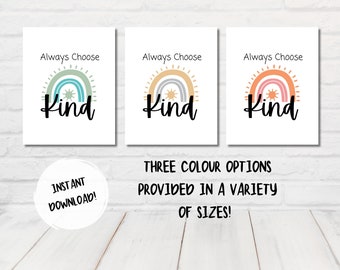 Always Choose Kind, Printable Bible Wall Art, Affirmation, Kids Room, Sunday School Decor, Kids Scripture Art, Christian Classroom, Rainbow