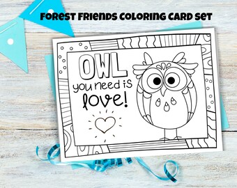 Forest Friends Coloring Card Set of 8 for kids, Affirmation, Encouraging Growth, Positive thinking, Self-Confidence, for Home or Classroom