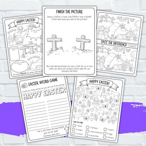 May include: Black and white printable Easter activity sheets with a variety of games and activities, including a word search, a spot the difference, a finish the picture, and a find the hidden objects game. The sheets feature religious themes and imagery, such as crosses, butterflies, and hearts.