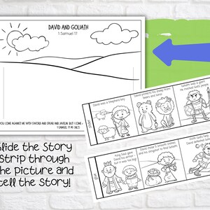 May include: Black and white illustration of a story strip for children about David and Goliath. The strip is divided into four sections, each with a different scene from the story. The first section shows David as a shepherd boy, the second shows David protecting his sheep from a bear and a lion, the third shows David choosing five smooth stones, and the fourth shows David defeating Goliath with God's help. The text "Slide the Story Strip through the picture and tell the story!" is written below the strip.