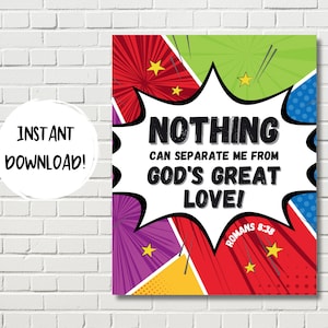 Nothing Can Separate Me From God's Love Superhero Bible Verse Printable Wall Art,  Romans 8:38, Kids Room, Sunday School Decor