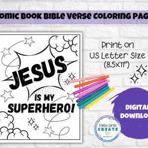Superhero Comic Book Bible Verse Coloring Set of 6, Kids Scripture, Sunday School, Home, or Classroom Activity, Joshua 1:9 image 2