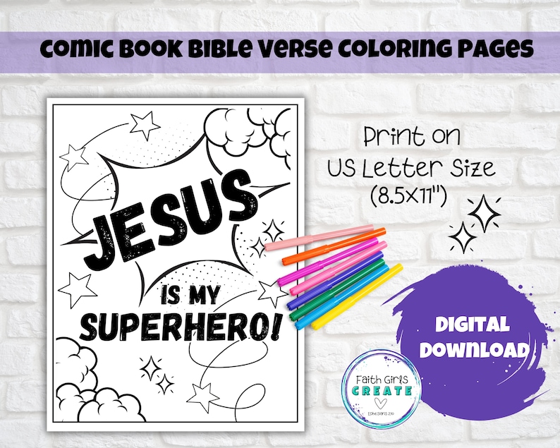 Superhero Comic Book Bible Verse Coloring Set of 6, Kids Scripture, Sunday School, Home, or Classroom Activity, Joshua 1:9 image 2