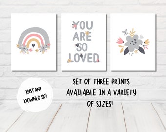 You are So Loved Set of Three Kids Printable Wall Art, Girls Room, Affirmation, Nursery/Playroom Decor,  Floral, Rainbow, Christian Poster