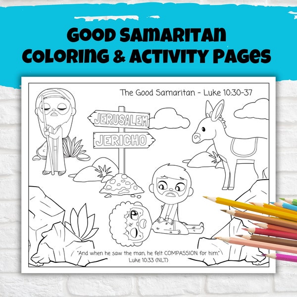 Kids Printable Good Samaritan Coloring & Activity Pages, Sunday School Activity, Kids Church Craft, Bible Verse Coloring Wheel, Bible Story