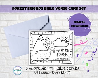 Forest Friends Bible Verse Coloring Card Set of 8 for kids, Home, Sunday School or Classroom