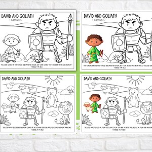 May include: A black and white colouring page depicting the story of David and Goliath. The image includes a scene of David facing Goliath, as well as a scene of David with a lion and a bear. The text "David and Goliath" and "1 Samuel 17" is included in the image.