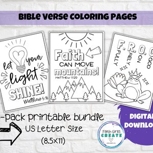 Kids Bible Verse Printable Colouring Pages, Faith Can Move Mountains Matthew 17.20, Let Your Light Shine Matthew 5.16, Affirmation Art