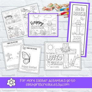 May include: Black and white printable coloring pages with Easter themes. The pages feature crosses, butterflies, eggs, and the text "Happy Easter!" and "For God so loved the world".