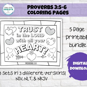 Proverbs 3:5-6 Trust in the Lord Set of 5 Printable Colouring Pages for Kids, 3 Different Bible Versions NIV, NLT, NKJV, Sunday School