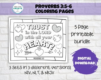 Proverbs 3:5-6 Trust in the Lord Set of 5 Printable Colouring Pages for Kids, 3 Different Bible Versions NIV, NLT, NKJV, Sunday School