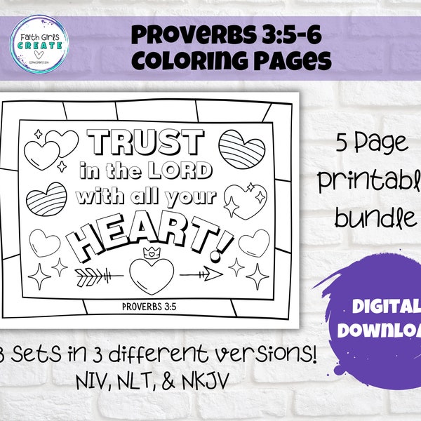 Proverbs 3:5-6 Trust in the Lord Set of 5 Printable Colouring Pages for Kids, 3 Different Bible Versions NIV, NLT, NKJV, Sunday School