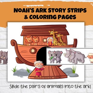 Noah&#39;s Ark Story Strips and Coloring Pages, Sunday School Activity, Kids Church Craft,  Printable Noah&#39;s Ark Bible Story Craft