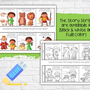 May include: Black and white printable story strips for children about David and Goliath. The strips feature illustrations of David as a shepherd boy, David choosing stones, and David defeating Goliath. The text on the strips reads "David was a shepherd boy", "David chose 5 smooth stones and his slingshot to find Goliath", and "With God's help, David defeated Goliath".