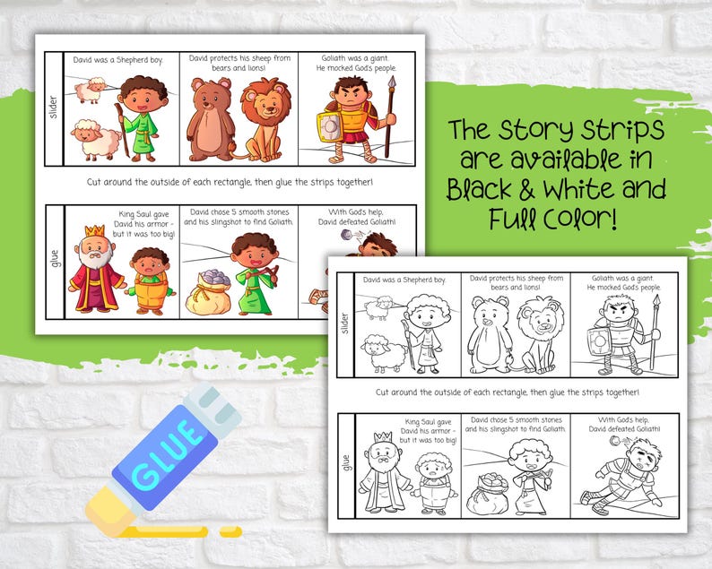 May include: Black and white printable story strips for children about David and Goliath. The strips feature illustrations of David as a shepherd boy, David choosing stones, and David defeating Goliath. The text on the strips reads "David was a shepherd boy", "David chose 5 smooth stones and his slingshot to find Goliath", and "With God's help, David defeated Goliath".