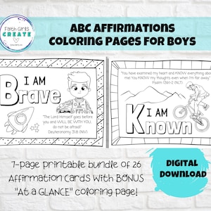 ABC Affirmations Bible Verse Identity in Christ Coloring pages for BOYS- 26 Truths of Who God Says You Are, Sunday School, Kids Church